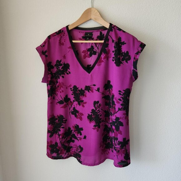 Worthington pink & purple black floral blouse Sz M Asian Inspired Flowy Summer - Picture 1 of 8